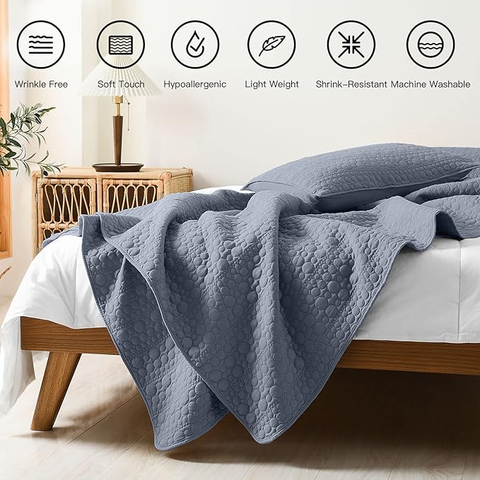 HORIMOTE HOME Quilt Set Twin Size Denim Blue, Classic Geometric Spots Stitched Pattern, Pre-Washed Microfiber Coverlet Ultra Soft Lightweight Quilted Bedspread for All Season, 2 Pieces