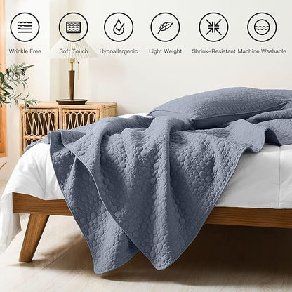 HORIMOTE HOME Quilt Set Queen Size Denim Blue, Classic Geometric Spots Stitched Pattern, Pre-Washed Microfiber Coverlet Ultra Soft Lightweight Quilted Bedspread for All Season, 3 Pieces