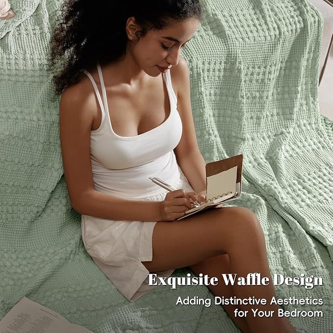 PHF 100% Cotton Waffle Weave Blanket King Size for Bed, Soft Lightweight & Breathable for Spring and Summer, All-Season Comfort, Luxury Aesthetic Blanket for Home Decor, 108"x90", Mint Green