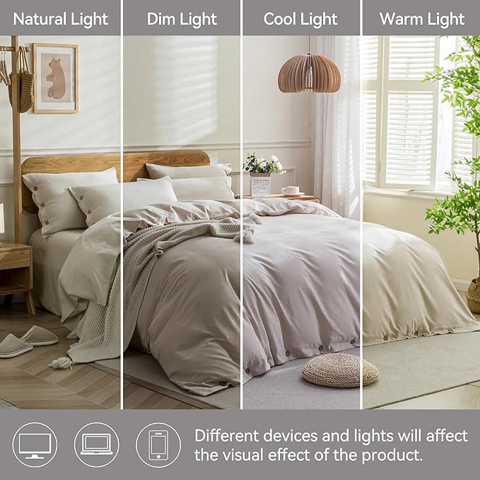 JELLYMONI Cotton Duvet Cover Twin Size - Light Khaki Comforter Cover with Button 100% Washed Cotton 2PCS Breathable Soft Solid Bedding Set Duvet Cover 68×90in & 1 Pillowcase (NO Comforter)