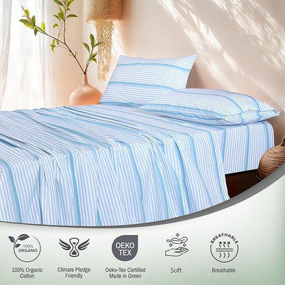 RUVANTI 100% Organic Cotton Sheets California King, Percale Weave, GOTS Certified, 4-Piece Set, Deep Pocket 13", Crisp & Breathable, Soft Durable Bedding, Sábanas Algodón Orgánico – Nautical Stripes