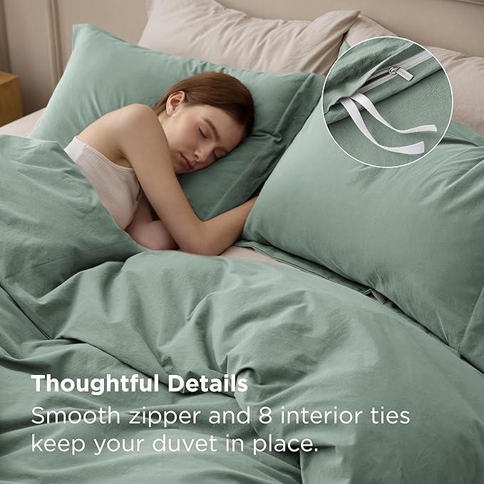 Bedsure 100% Washed Cotton Duvet Cover King Size - Iceberg Green Minimalist Bedding Set Linen Like - PureWoven Plain Simple & Soft Comforter Cover for All Seasons (Iceberg Green, King, 104"x90")