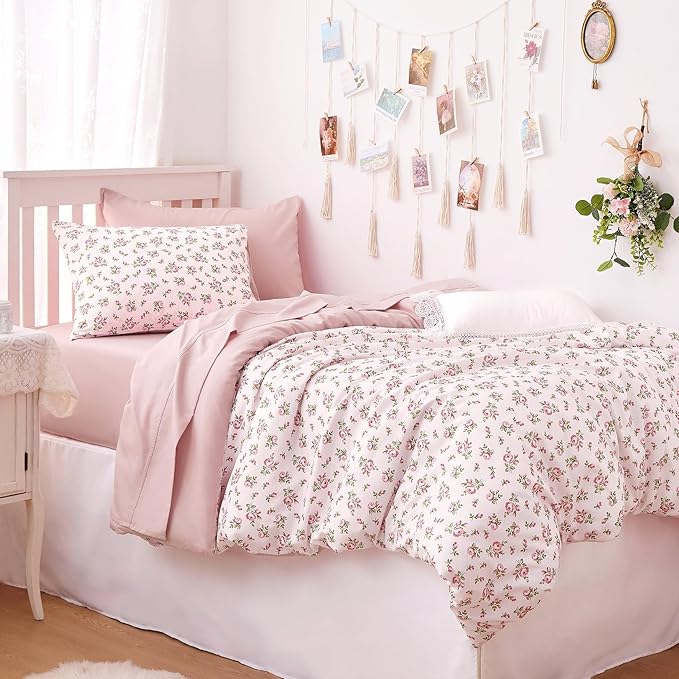 Wake In Cloud - Coquette Duvet Cover Set, Floral Cottagecore Flower Shabby Chic Cute Aesthetic, Soft Lightweight Bedding for Women Teen Girls, 3-Piece, Pink, Twin/Twin XL Size
