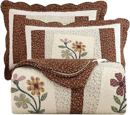 vctops 3 Piece Embroidered Floral Quilted Bedspread Quilt Set 100% Cotton Reversible Patchwork Coverlet Set 1 Quilt and 2 Pillow Shams (Coffee,King)