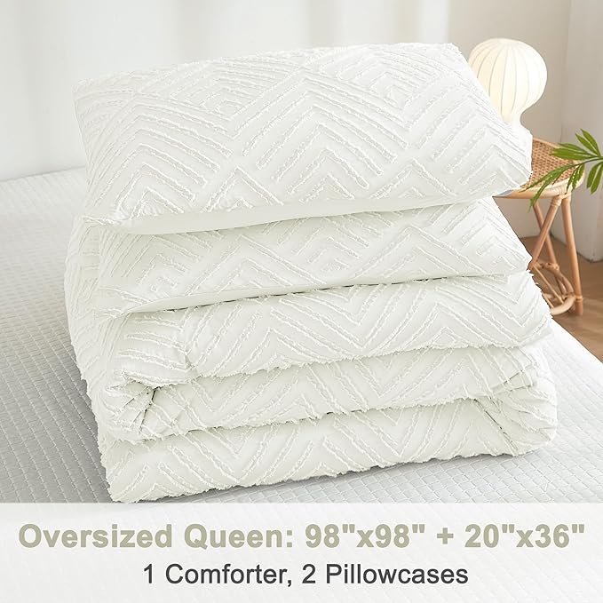 Litanika Oversized Queen Comforter Ivory, 3 Pieces Tufted Boho Farmhouse Bedding Comforter Set, Lightweight Fluffy All Season Comforter Set (98x98In Comforter & 2 Pillowcases)