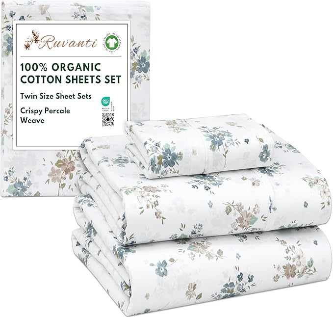 RUVANTI 100% Organic Cotton Sheets Twin Size, Percale Weave, GOTS Certified, 3-Piece Set, Deep Pocket 15", Crisp & Breathable, Soft Durable Bedding, Sábanas Algodón Orgánico – Halcyon