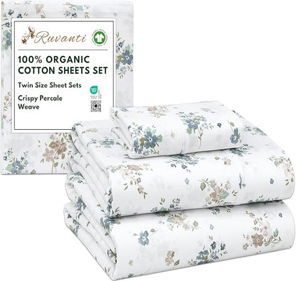 RUVANTI 100% Organic Cotton Sheets Twin Size, Percale Weave, GOTS Certified, 3-Piece Set, Deep Pocket 15", Crisp & Breathable, Soft Durable Bedding, Sábanas Algodón Orgánico – Halcyon