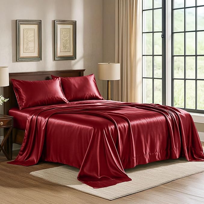Satin Sheets King [4-Piece, Burgundy] Hotel Luxury Silky Bed Sheets - Extra Soft 1800 Microfiber Sheet Set, Wrinkle, Fade, Stain Resistant - Deep Pocket Fitted Sheet, Flat Sheet, Pillow Cases