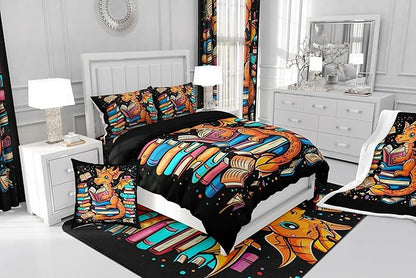 Western Dragon Comforter Set Queen Size,Glitter Star Polka Dot Bedding Set for Kids Boys Girls Room Decor,Magic Book Cartoon Animal Pattern Duvet Insert 3Pcs,Wildlife Black Quilt Set,2 Pillowcases