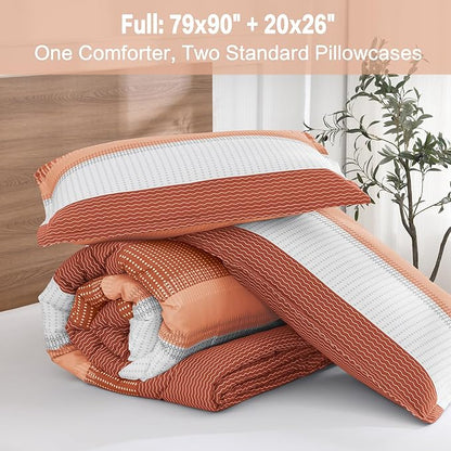 Litanika Burnt Orange Bed Comforter Full Size Set, 3 Pieces Boho Terracotta Stripe Colorblock Soft Bedding Comforter Set, Rust Fluffy Bed Set (79x90In Comforter & 2 Pillowcases)
