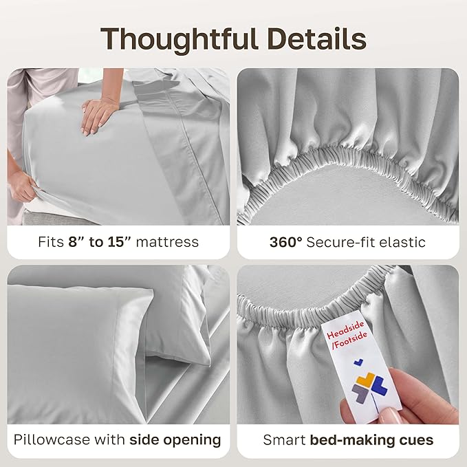 California Design Den Twin XL Bed Sheet Set, Soft 100% Cotton Sheets, Deep Pocket Twin XL Sheet Sets, 500 Thread Count Sateen, Premium Quality Sheets Set, Twin XL Sheets - Light Grey