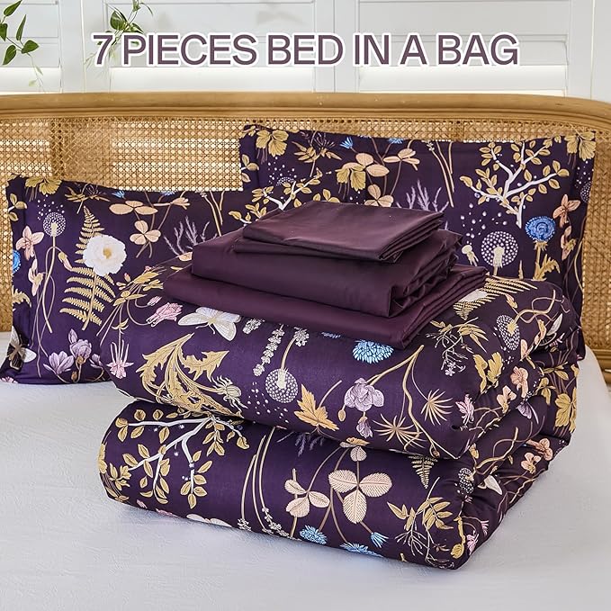 Yiran Purple Floral Comforter Set King Size, 7 Piece Botanical Comforter Bedding Set, Farmhouse Bed in a Bag, Soft Microfiber Complete Bedding Set with Sheets for All Season