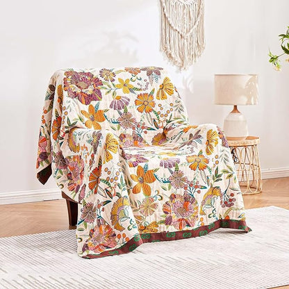 Boho Throw Blanket, 100% Cotton Ultra Soft Luxury Throw Rustic Quilt, 90"x98" Floral Printed Farmhouse Decor Bed Summer Blankets, All Season Rustic Reversible Bohemian Throw for Bed - White
