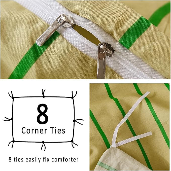 Merryword Striped Duvet Cover Set King Size - 100% Cotton Duvet Cover Set, Khaki & Green Stripes Pattern Comforter Cover 3 Pieces, Soft Linen Like Bedding Set for All Seasons