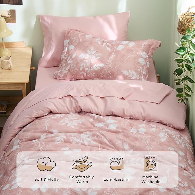 Bedsure Pink Twin XL Comforter Set - 5 Pieces Floral Bedding Sets Twin XL Bed in a Bag with Reversible Botanical Flowers Comforter, Sheets, Pillowcase & Sham