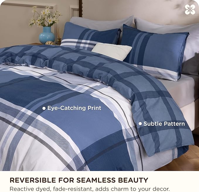 Bedsure Plaid Duvet Cover Queen Size - 100% Cotton Reversible Classic Navy Checkered Pattern Duvet Cover Set, 3 Pieces Soft & Breathable PureWoven Bedding Set with 2 Pillow Shams (Navy Plaid 90"x90")