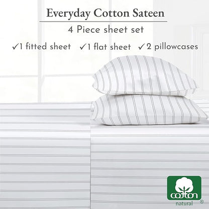 California Design Den Stripe Sheets Queen Size, 100% Cotton Sateen Printed Pattern, Deep Pocket Queen Sheets & Pillowcase Set - Classic Stripe