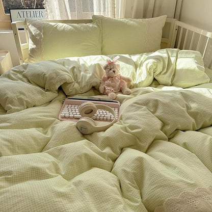 HighBuy Sage Green Gingham Comforter Set Queen Modern Lace Ruffle Plaid Grid Comforter Set 3 Pieces Checkered Pattern Bedding Comforter with 2 Pillowcases All Seasons Gingham Comforter Set