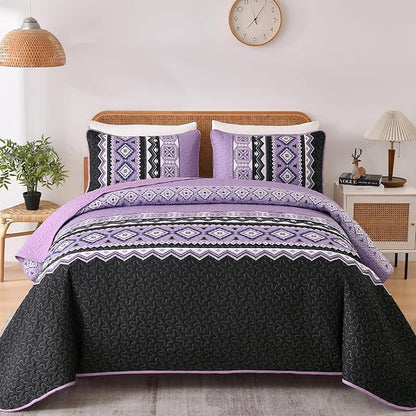 WONGS BEDDING 3 Pieces Quilt Set Queen Size, Purple Quilt Bedspread Lightweight Bohemian Coverlet Set with 2 Pillowcase, Soft Geometry Printed Bedding Set Queen for All Season 96"×90"