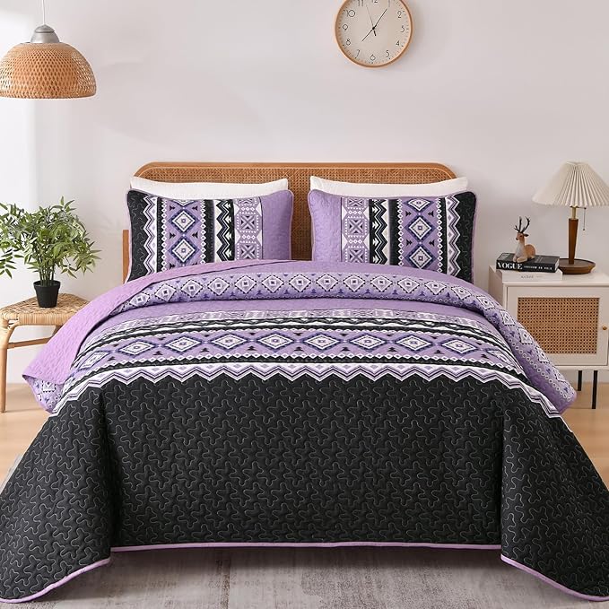 WONGS BEDDING 3 Pieces Quilt Set King Size, Purple Quilt Bedspread Lightweight Bohemian Coverlet Set with 2 Pillowcase, Soft Geometry Printed Bedding Set King for All Season 104"×90"