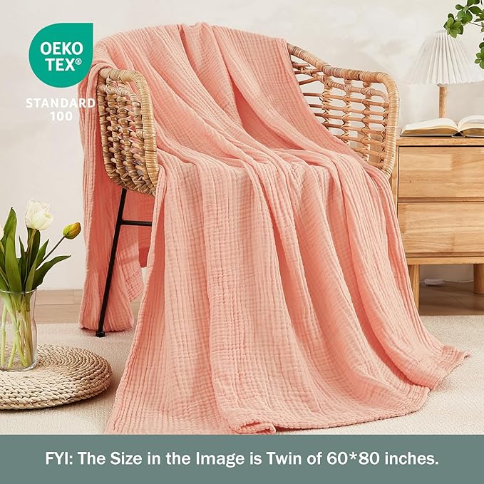 EMME Cotton Muslin Twin Blanket Breathable Gauze Soft Lightweight Adults Gifts for Women (Pink,60"x80")