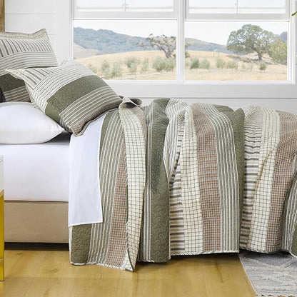 PANGUSHAN 100% Cotton Quilt Set Queen Size, Patchwork Queen Quilt Bedding Set Bedspreads, Farmhouse Lightweight Comforter Reversible Quilt, Queen Bed Spread for All Season, Green/Brown/Cream
