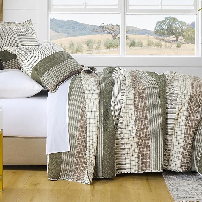 PANGUSHAN 100% Cotton Quilt Set King Size, Patchwork King Quilt Bedding Set Bedspreads, Farmhouse Lightweight Comforter Reversible Quilt, King Bed Spread for All Season, Green/Brown/Cream