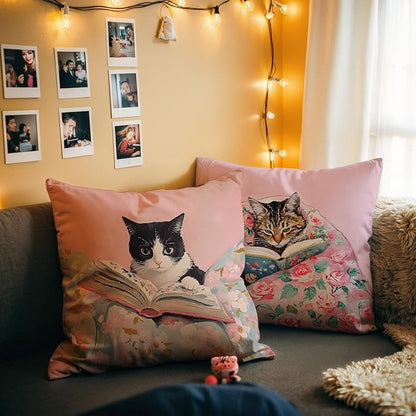Funny Cat Reader Book Pillow Cover 18 x 18 Set of 2, Preppy Floral Black Orange Tabby Tuxedo Cats Bookish Pillowcase, Gifts for Book Lovers, Reading Nook Corner Decor
