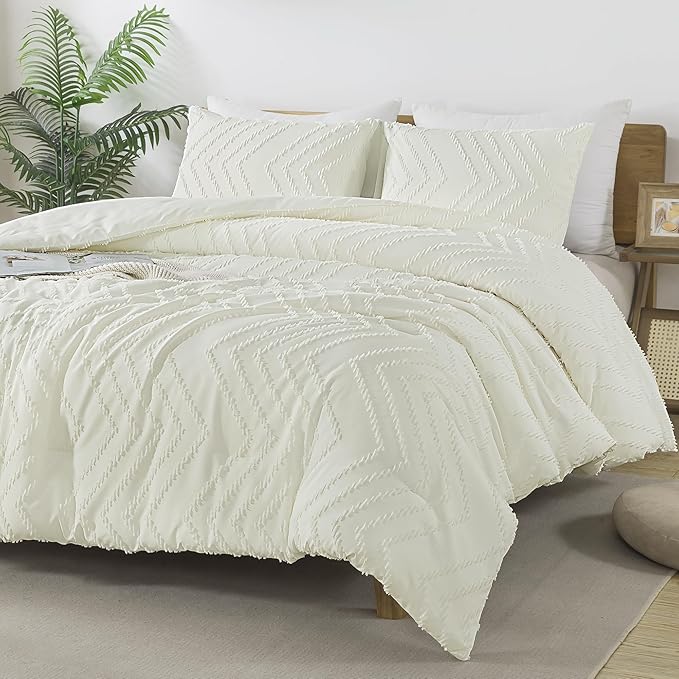 Andency Ivory Comforter Set King Size, Boho Soft Warm Tufted Bedding Comforter Sets for King Size Bed, 3 Pieces Aesthetic Chevron Farmhouse Cute Bohemian Textured Bedding Set