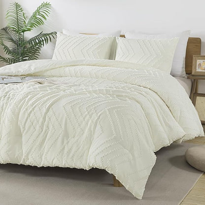 Andency Ivory Comforter Set Queen Size, Boho Soft Warm Tufted Bedding Comforter Sets for Queen Size Bed, 3 Pieces Aesthetic Chevron Farmhouse Cute Bohemian Textured Bed Set