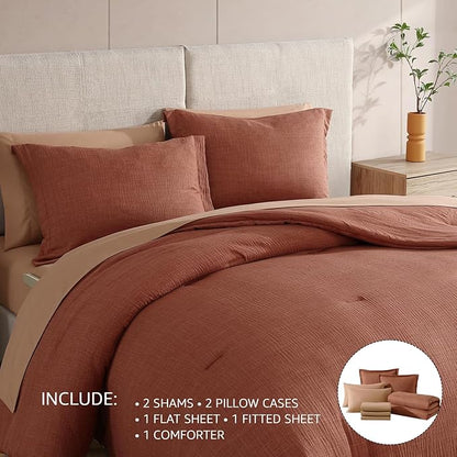 Geniospin Full Size Comforter Set- 7 Pieces Terracotta Textured King Bedding Set, Soft Solid Bed in a Bag for All Seasons, Fall Comforter Set with Sheets