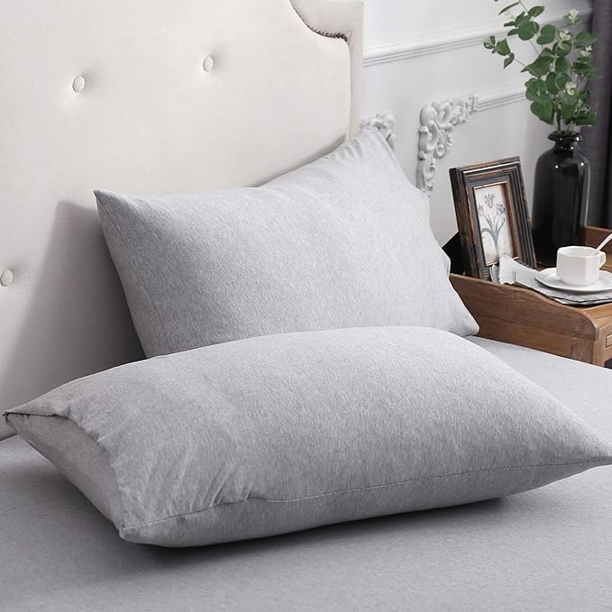 PURE ERA Jersey Knit Pillowcases 100% T-Shirt Cotton Super Soft Comfy Breathable, Set of 2, Standard 20" x 26", Heathered Grey