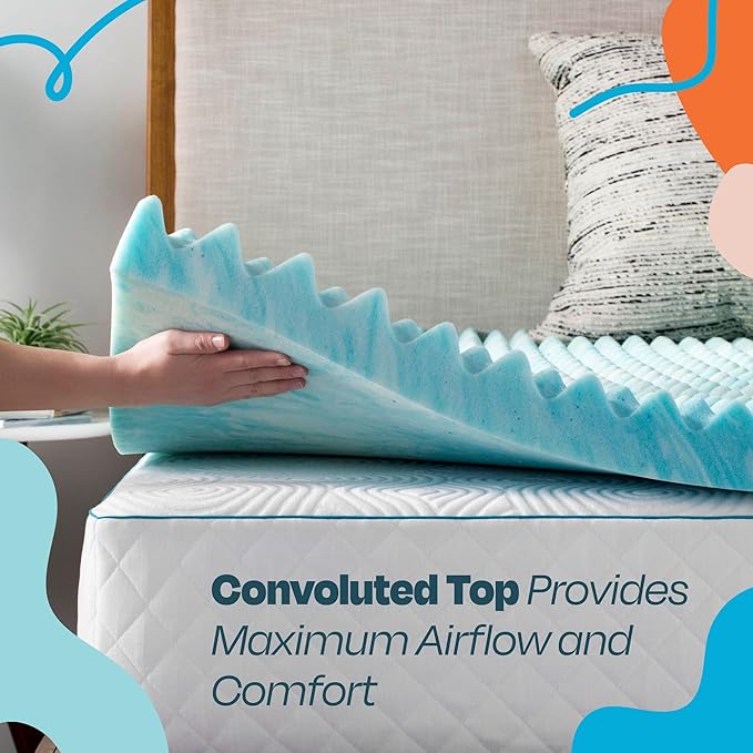 Linenspa 2 Inch Gel Memory Foam Mattress Topper – Egg Crate Style, Reversible for two feels – Promotes Airflow & Relieves Pressure Points – Queen