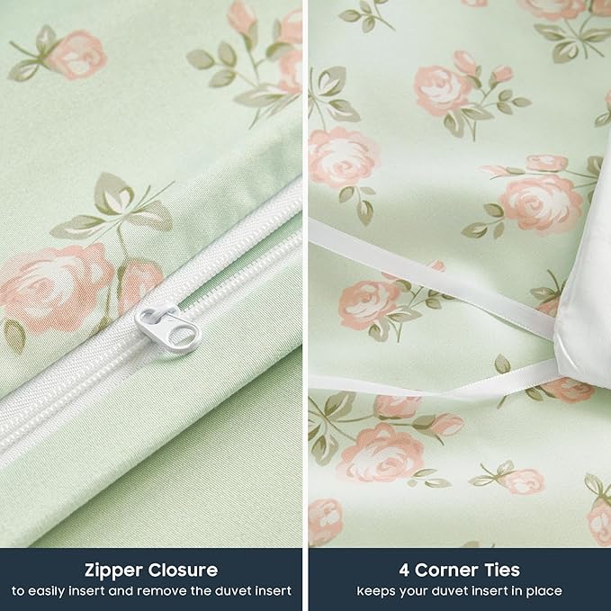 Wake In Cloud - Coquette Duvet Cover Set, Floral Cottagecore Flower Shabby Chic Cute Aesthetic, Soft Lightweight Bedding for Women Teen Girls, 3-Piece, Green Pink, Twin/Twin XL Size