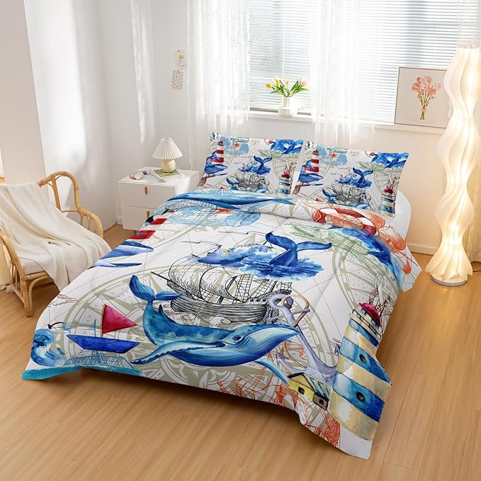 Nautical Whale Comforter Set King,Blue Whale Ocean Lighthouse 3 Pieces Bedding Set for Kids Boys Teens,Vintage Nautical Map Microfiber Lightweight Quilt Bedroom Decor with 2 Pillow Cases