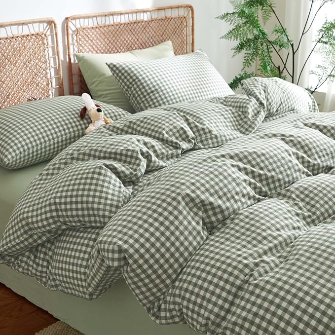 Nayoroom Gingham Duvet Cover King Size 100% Washed Cotton Green Plaid Checkered Comforter Cover 3 Pcs Soft Breathable Grid Farmhouse Dorm Bedding Set for All Seasons