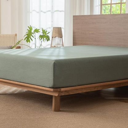 MooMee Fitted Bottom Sheet Only 100% Washed Cotton Linen Like Textured Breathable Durable Soft Comfy Deep Pocket Fits Mattress up to 17" (Heathered Green, Twin)