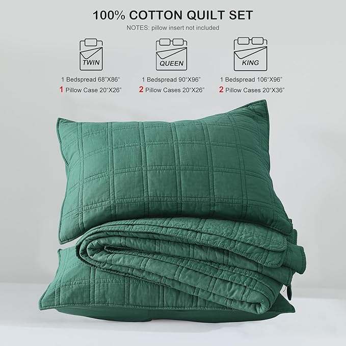 HORIMOTE HOME 100% Cotton Quilt Set King Size, Dark Green Pre-Washed Bedspreads Coverlet Set in Geometric Pattern, Cozy Lightweight Stitching Decorative Bedding Cover with 2 Shams for All Season