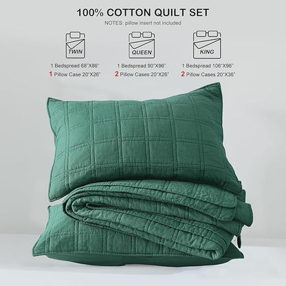 HORIMOTE HOME 100% Cotton Quilt Set Queen Size, Dark Green Pre-Washed Bedspreads Coverlet Set in Geometric Pattern, Cozy Lightweight Stitching Decorative Bedding Cover with 2 Shams for All Season