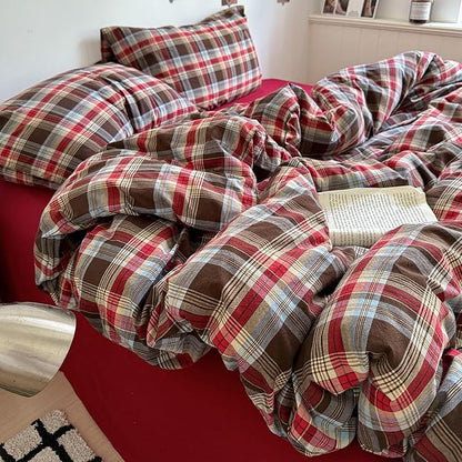 Vintage Red Brown Buffalo Plaid Duvet Cover Twin XL Comfy Soft 3 Piece Washed Cotton Grid Bedding Set Farmhouse Checkered Pattern Comforter Cover Breathable Gingham Duvet Cover with 2 Pillowcases
