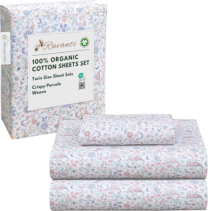 RUVANTI 100% Organic Cotton Sheets Twin Size, Percale Weave, GOTS Certified, 3-Piece Set, Deep Pocket 15", Crisp & Breathable, Soft Durable Bedding, Sábanas Algodón Orgánico – Multi Paisley