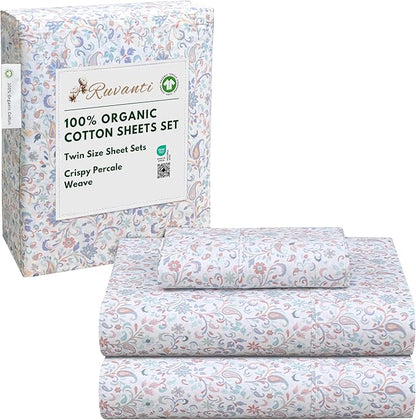 RUVANTI 100% Organic Cotton Sheets Twin Size, Percale Weave, GOTS Certified, 3-Piece Set, Deep Pocket 15", Crisp & Breathable, Soft Durable Bedding, Sábanas Algodón Orgánico – Multi Paisley