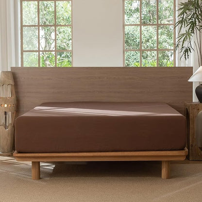 MooMee Fitted Bottom Sheet Only 100% Washed Cotton Linen Like Textured Breathable Durable Soft Comfy Deep Pocket Fits Mattress up to 17" (Cocoa Brown, Queen)