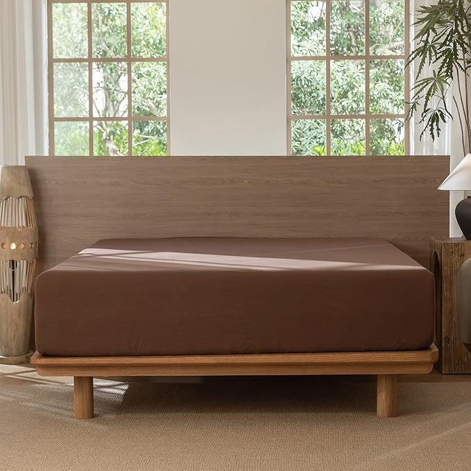 MooMee Fitted Bottom Sheet Only 100% Washed Cotton Linen Like Textured Breathable Durable Soft Comfy Deep Pocket Fits Mattress up to 17" (Cocoa Brown, Twin)