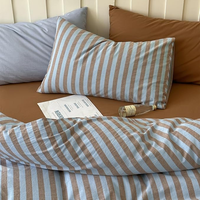 LifeTB Vintage Striped Comforter Set Full, 3 Pieces Blue Brown Stripes Pattern Printed Bedding Set, Fluffy Soft Lightweight Bedding Comforter Set, Farmhouse Striped Bed Comforter with 2 Pillowcases