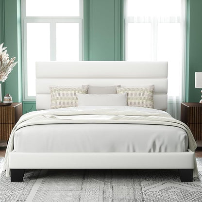 Allewie King Size Platform Bed Frame with Velvet Upholstered Headboard | Wooden Slats Support, Fully Upholstered Mattress Foundation, No Box Spring Needed, Easy Assembly, Noise-Free, White