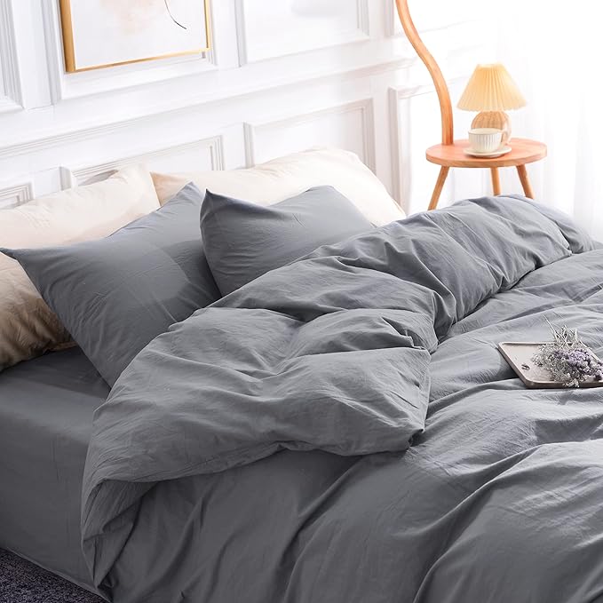 NEXHOME PRO Cotton Duvet Cover Queen Size Linen Look Textured Organic Natural 100% Washed Cotton Duvet Cover 3 Pieces Bedding Set with Zipper Closure, Breathable, Soft, Grey (No Comforter)