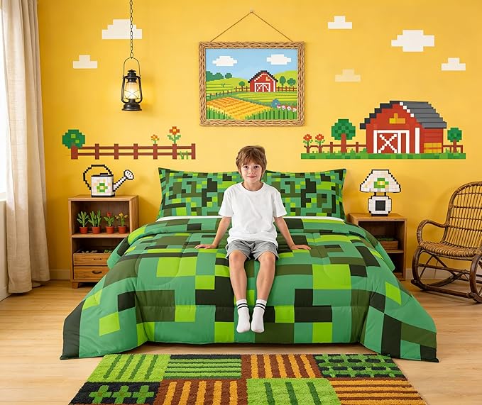 Pixel Grid Miners Kids Bedding Set King Size,Geometric Grid Patchwork Pixelated Comforter Set，Cartoon Gamepad Video Games Quilt Comforter,Cyan Green Bedroom Duvet Insert,2 Pillowcases