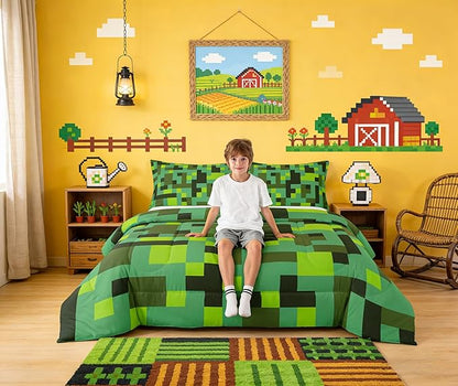 Manfei Pixel Grid Miners Bedding Set Twin Size, Geometric Grid Patchwork Pixelated Comforter Set，Cartoon Gamepad Video Games Quilt Comforter Boys Teens,Cyan Green Room Decor All Season,1 Pillowcase