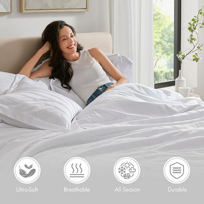Madison Park Essentials Striped Comforter Set King, 7 Pieces Modern Minimalist Jacquard Bedding Set for All Season, Bed in A Bag with Sheet Set and Soft Brushed Reverse, Lightweight White